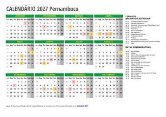 Calendário 2027 Pernambuco