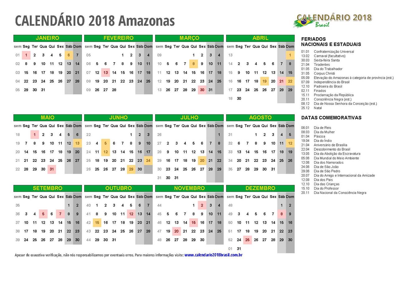 Calendário 2018 AMAZONAS com feriados