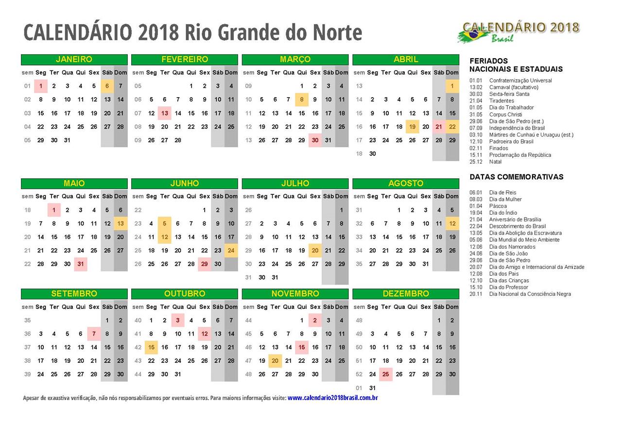 Calendário 2018 RIO GRANDE DO NORTE - com feriados