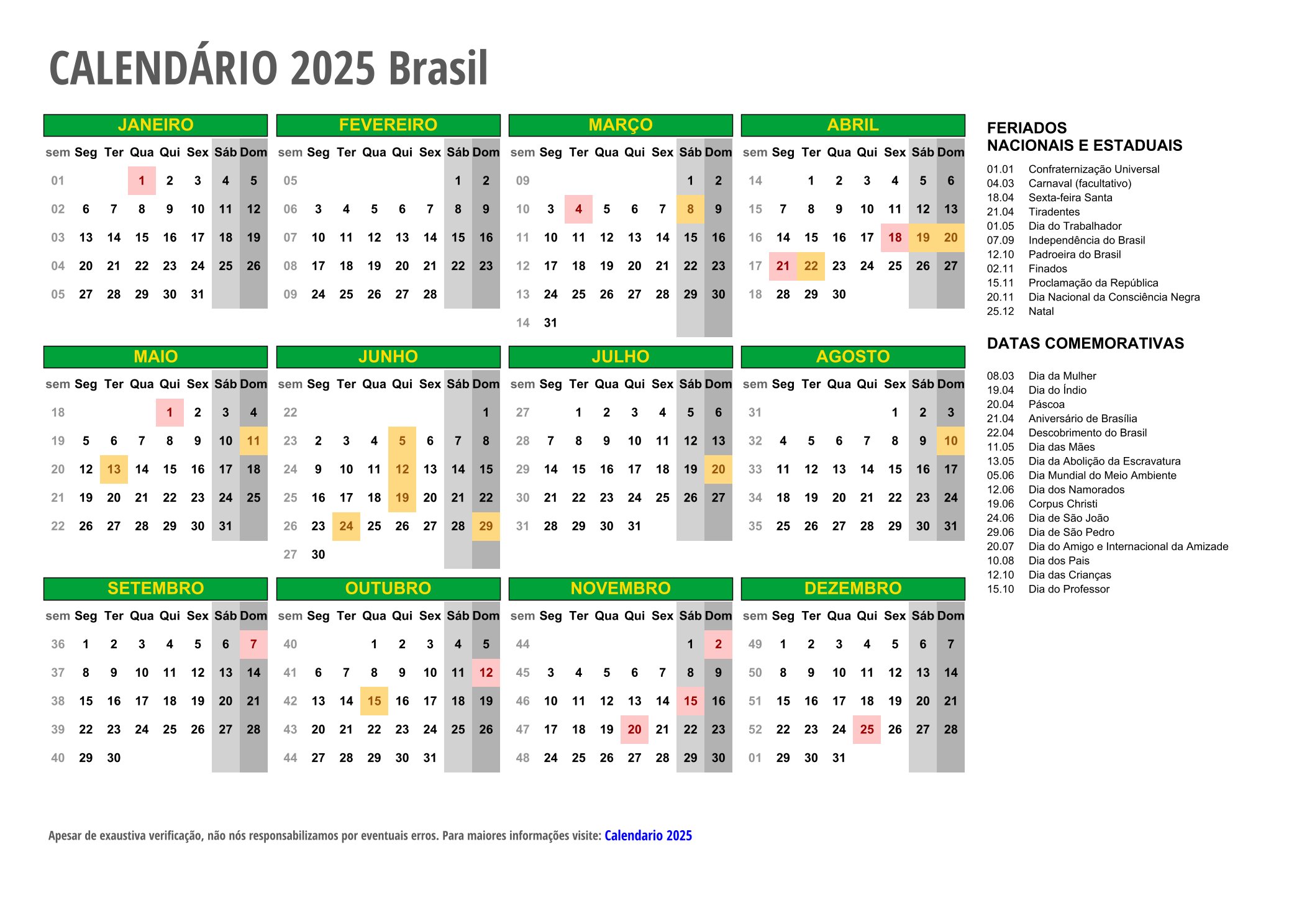 Calendário 2025 com feriados todos os estados