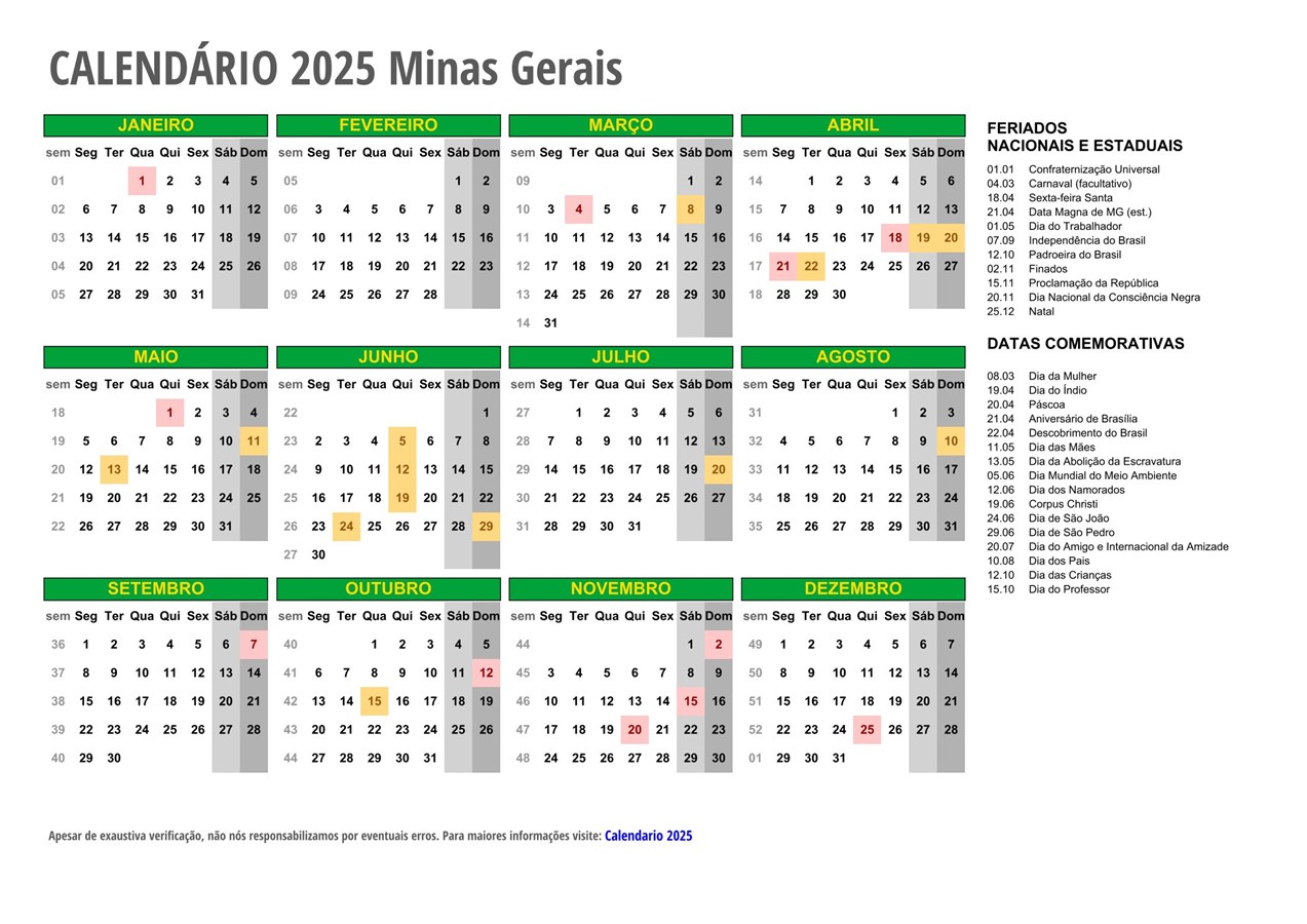 Calendário 2025 MINAS GERAIS com feriados