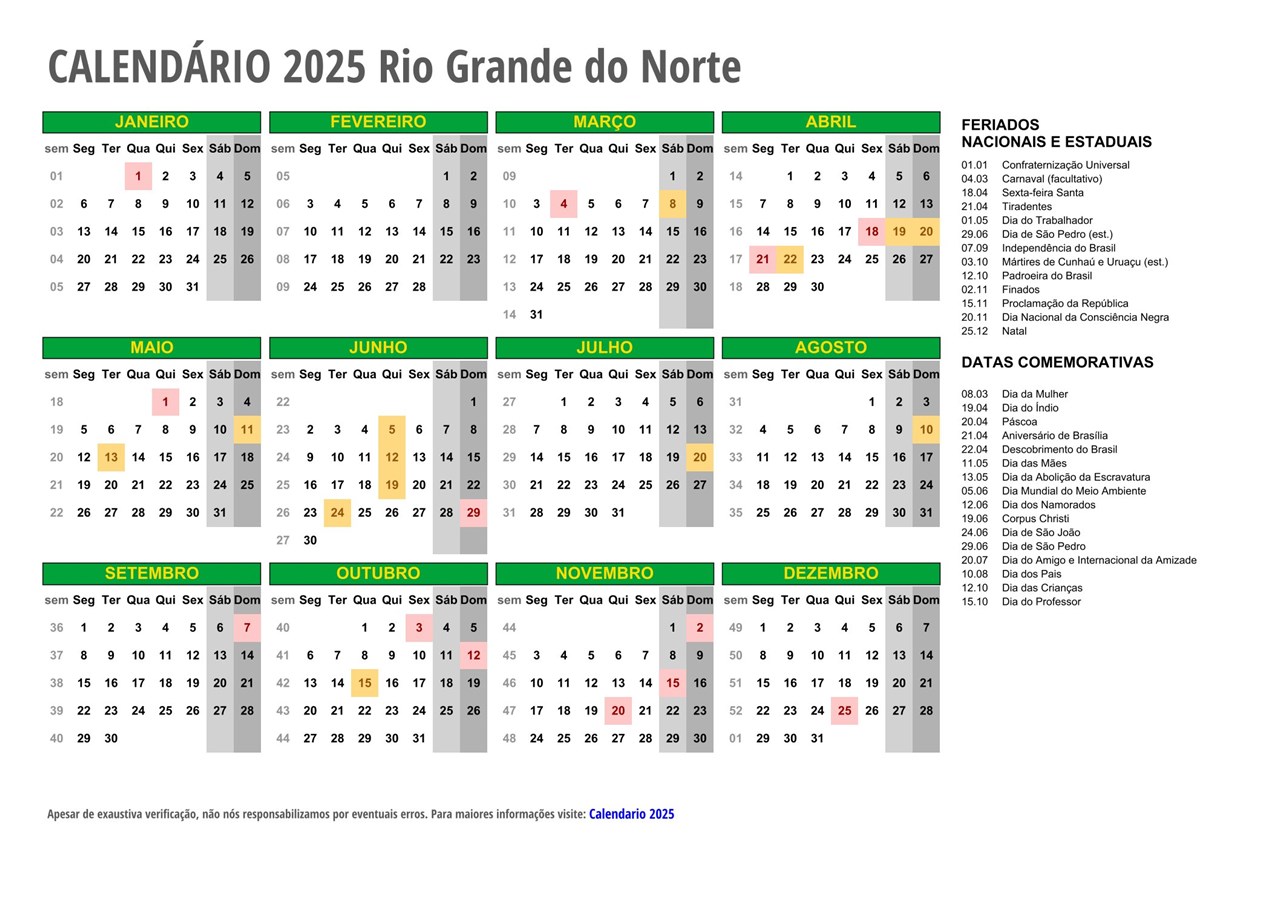 Calendário 2025 RIO GRANDE DO NORTE com feriados