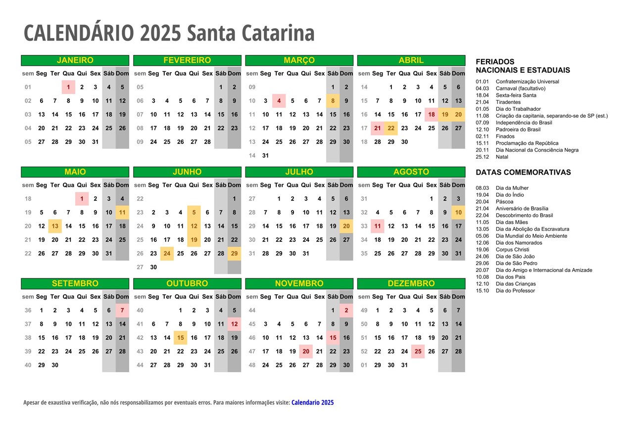 Calendário 2025 SANTA CATARINA com feriados